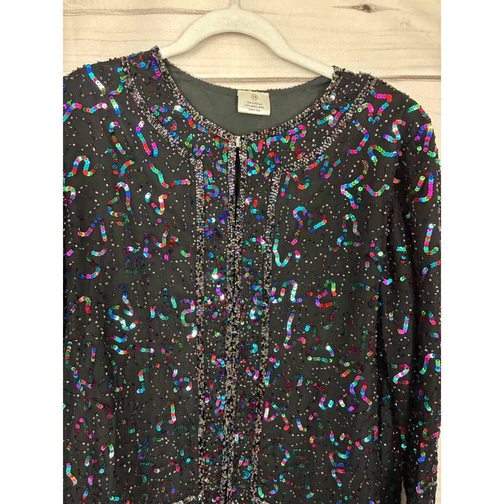 Vintage Silk Beaded Sequin Jacket Rainbow Multi Color Open Front Evening Top 1X - Picture 9 of 10